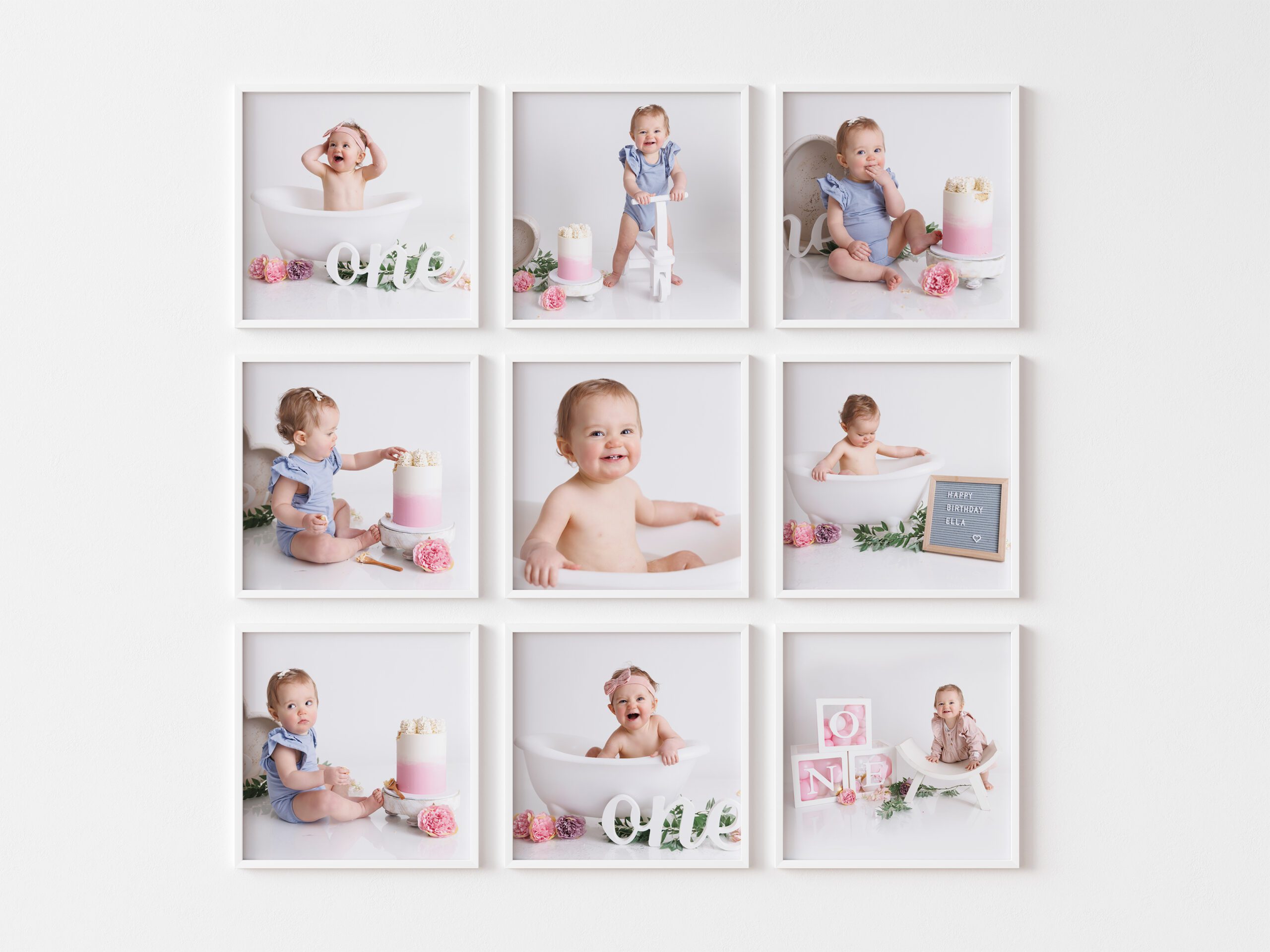 Symmetrical composition of nine square white picture frames isolated on white background of cake smash photography images