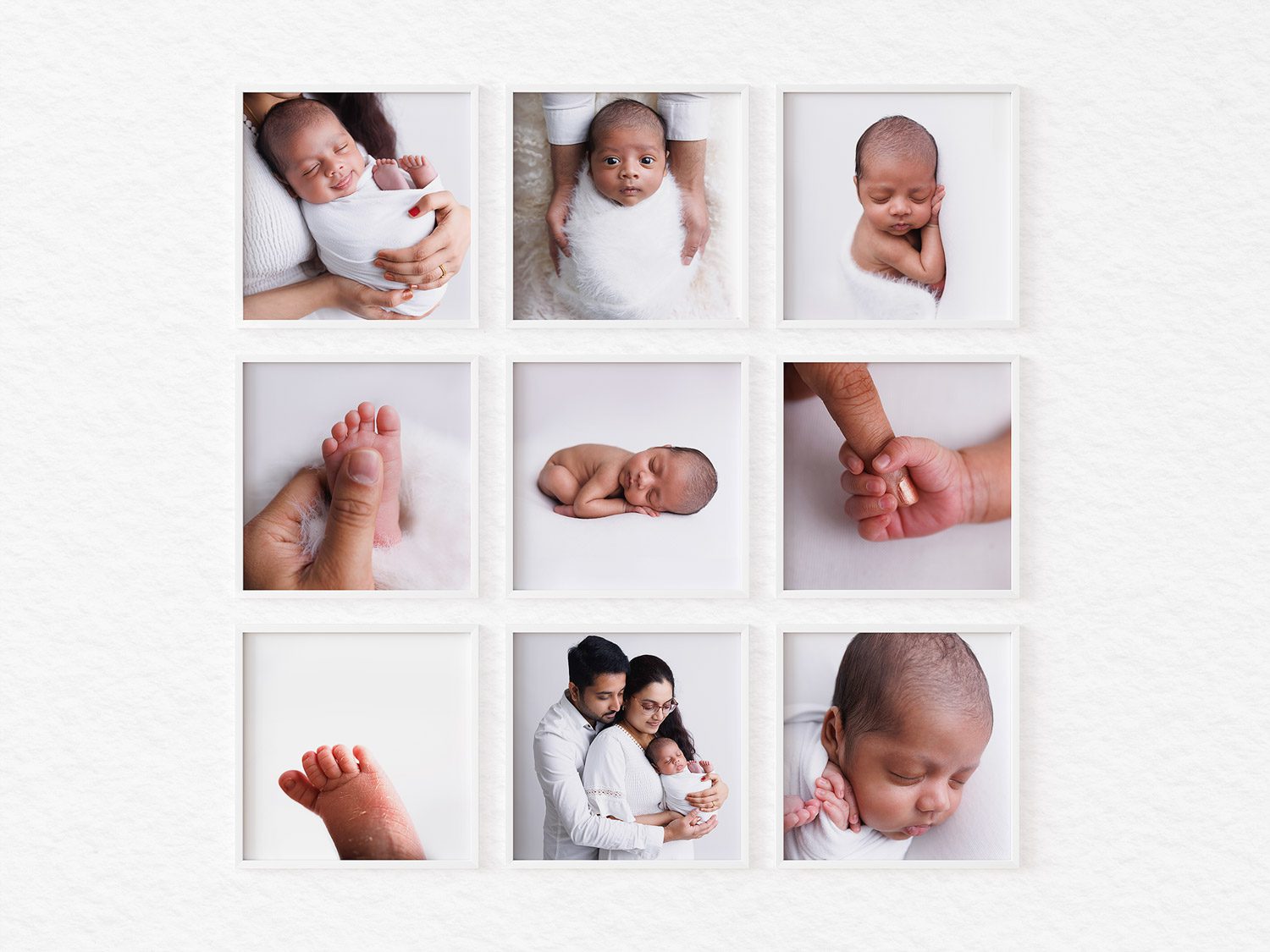 a collection of newborn images in frames